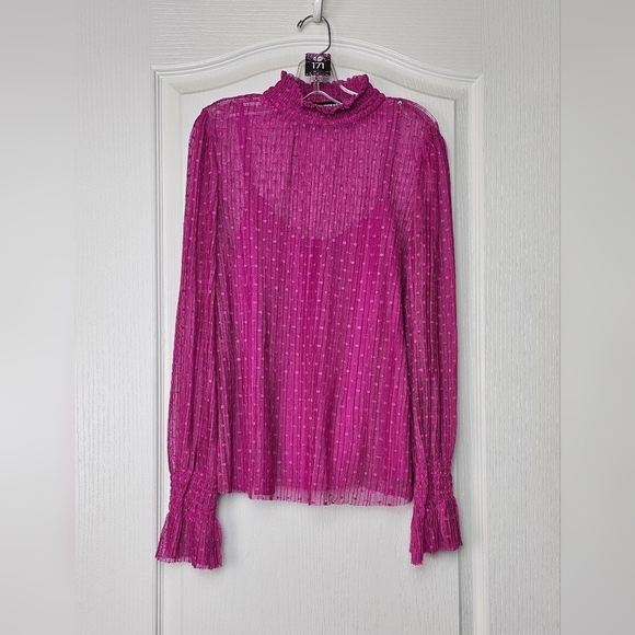 Express Womens Sheer Dot Mock Neck Smocked Cuff Top FUCHSIA XS - Picture 2 of 6